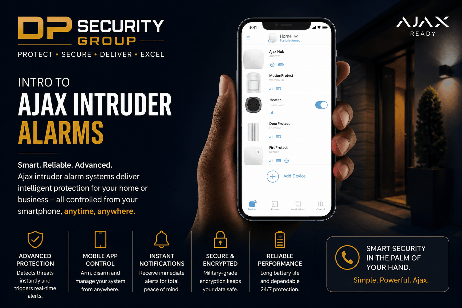 Ajax intruder alarm system controlled from a smartphone app, installed by DP Security Group for smart home and business security across London and Kent.