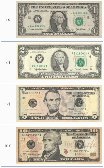 billets américain de $1 à $10
