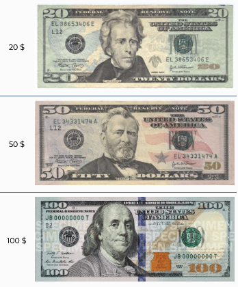 billets américains de $20 à $100