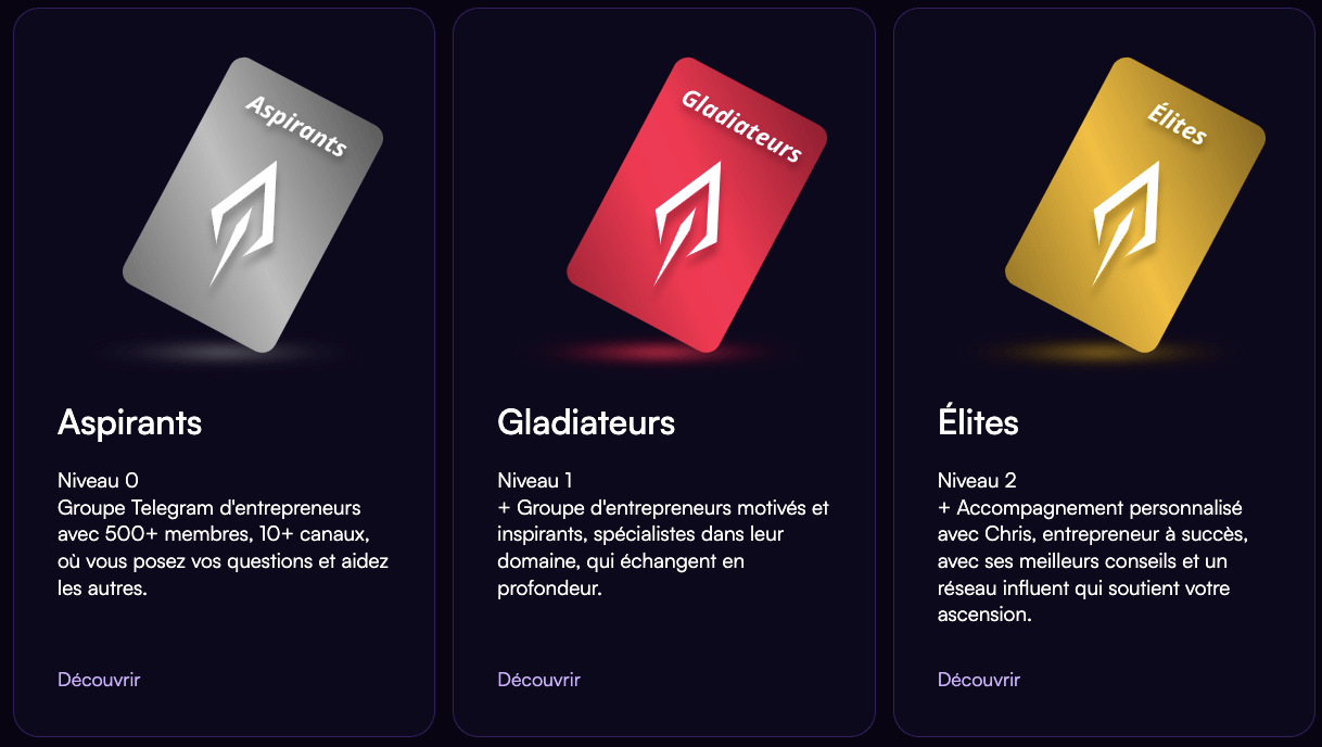 3 niveaux d'inscription au club : aspirant, gladiateur, élite