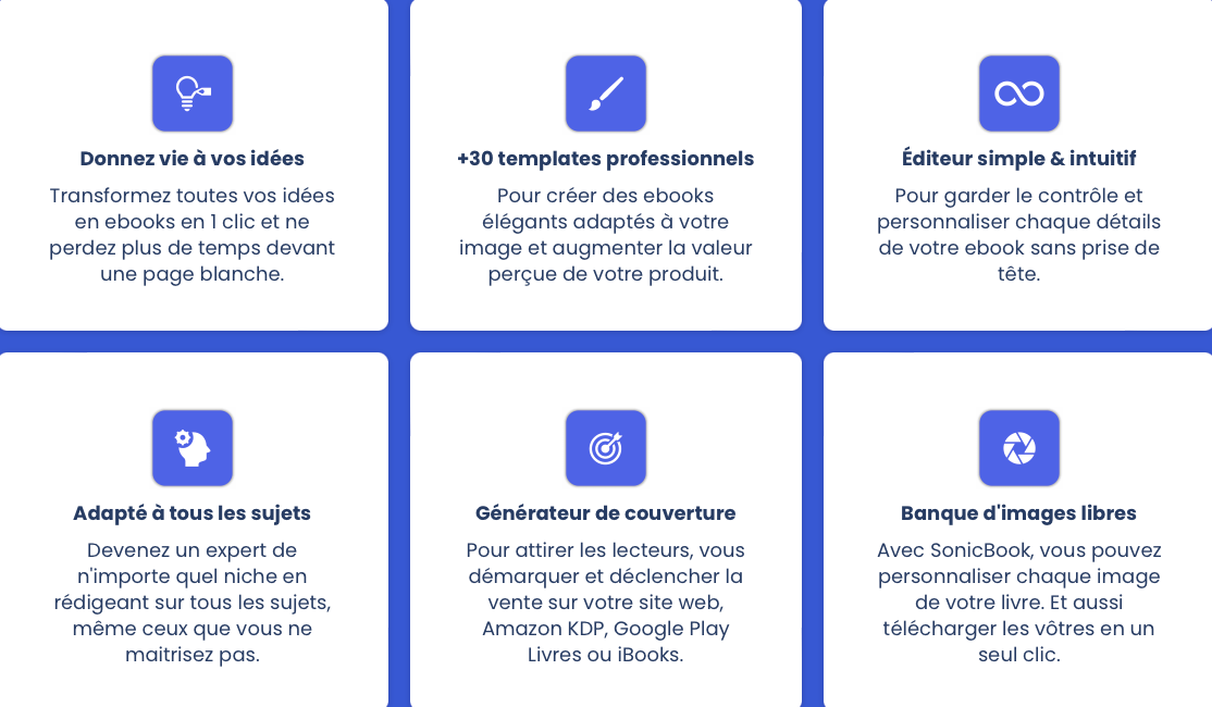 6 carrés texte décrivant les avantages de sonic book