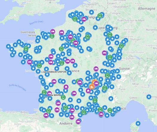 Carte de France avec des points montrant les membre de MPI