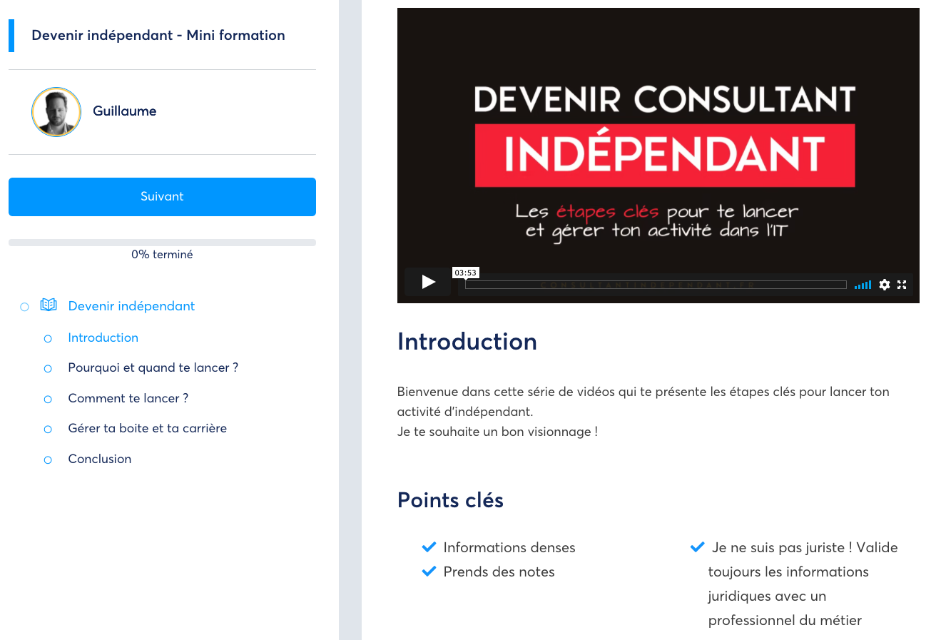 interface plateforme de formation consultant indépendant