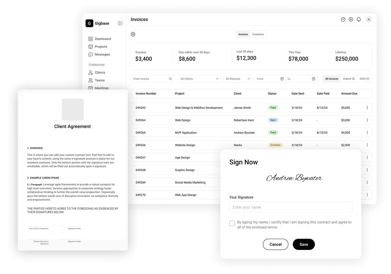 The contracts and invoices user interface