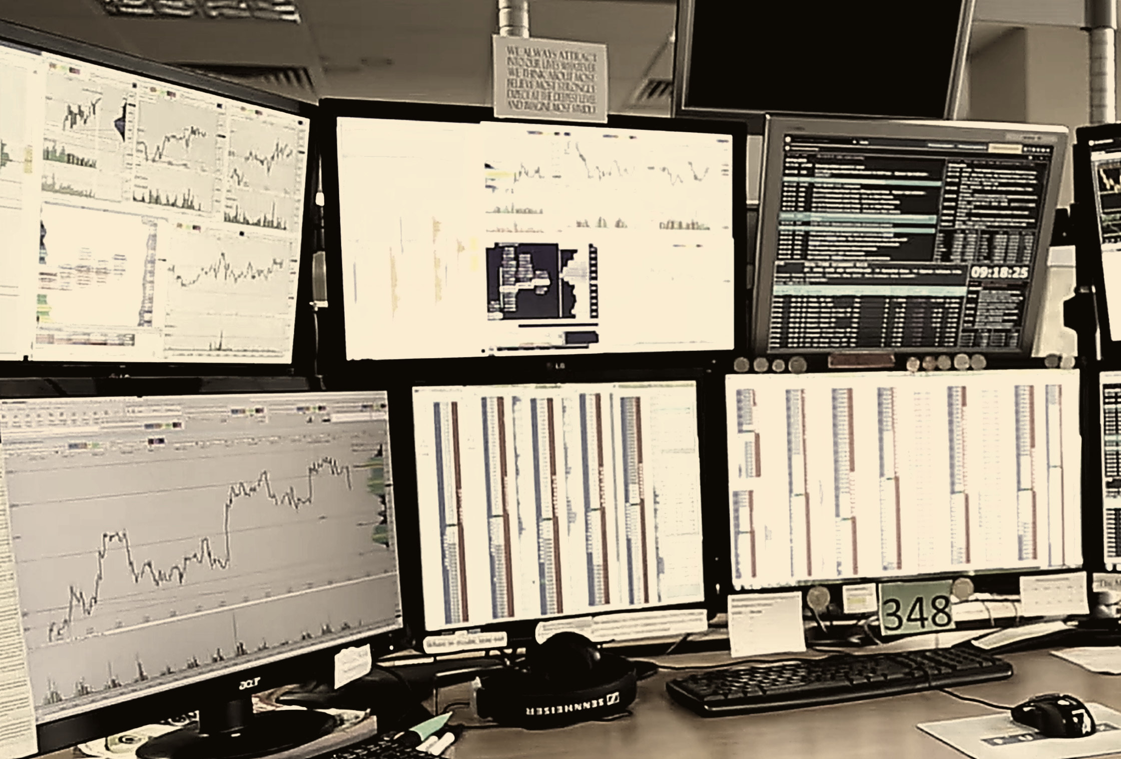 Puesto de trading profesional con varias pantallas de DOM, gráficos y perfiles
