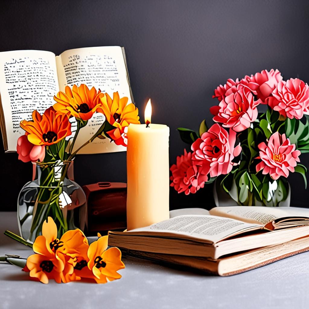 flowers candle books warm still life