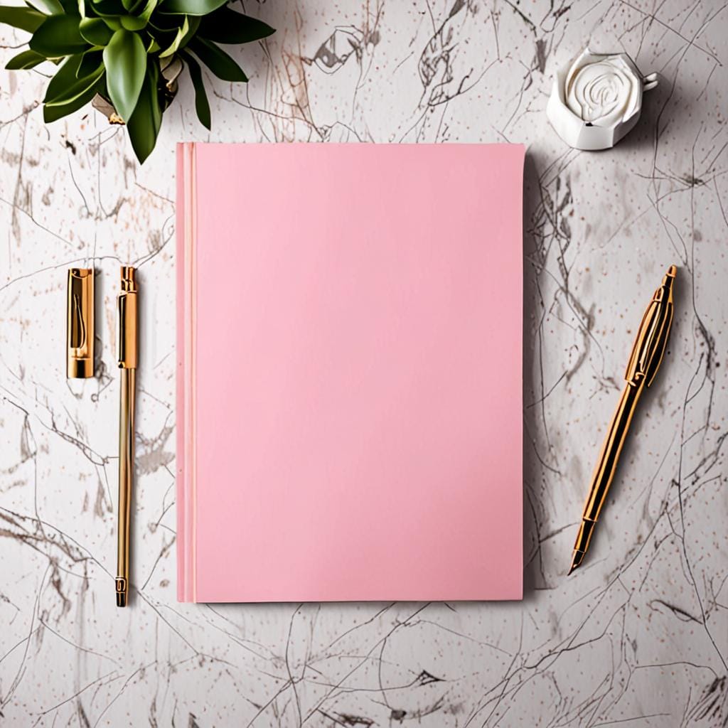 pink notebook gold pen marble desk