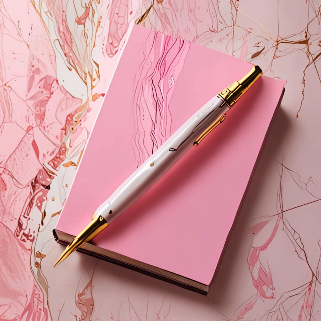 pink journal gold pen marble