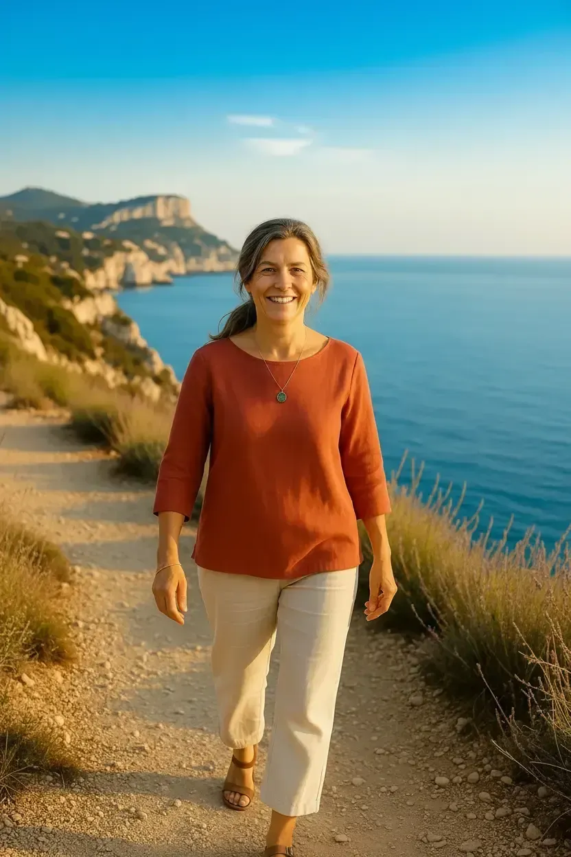 femme souriante et détendue en bord de mer 