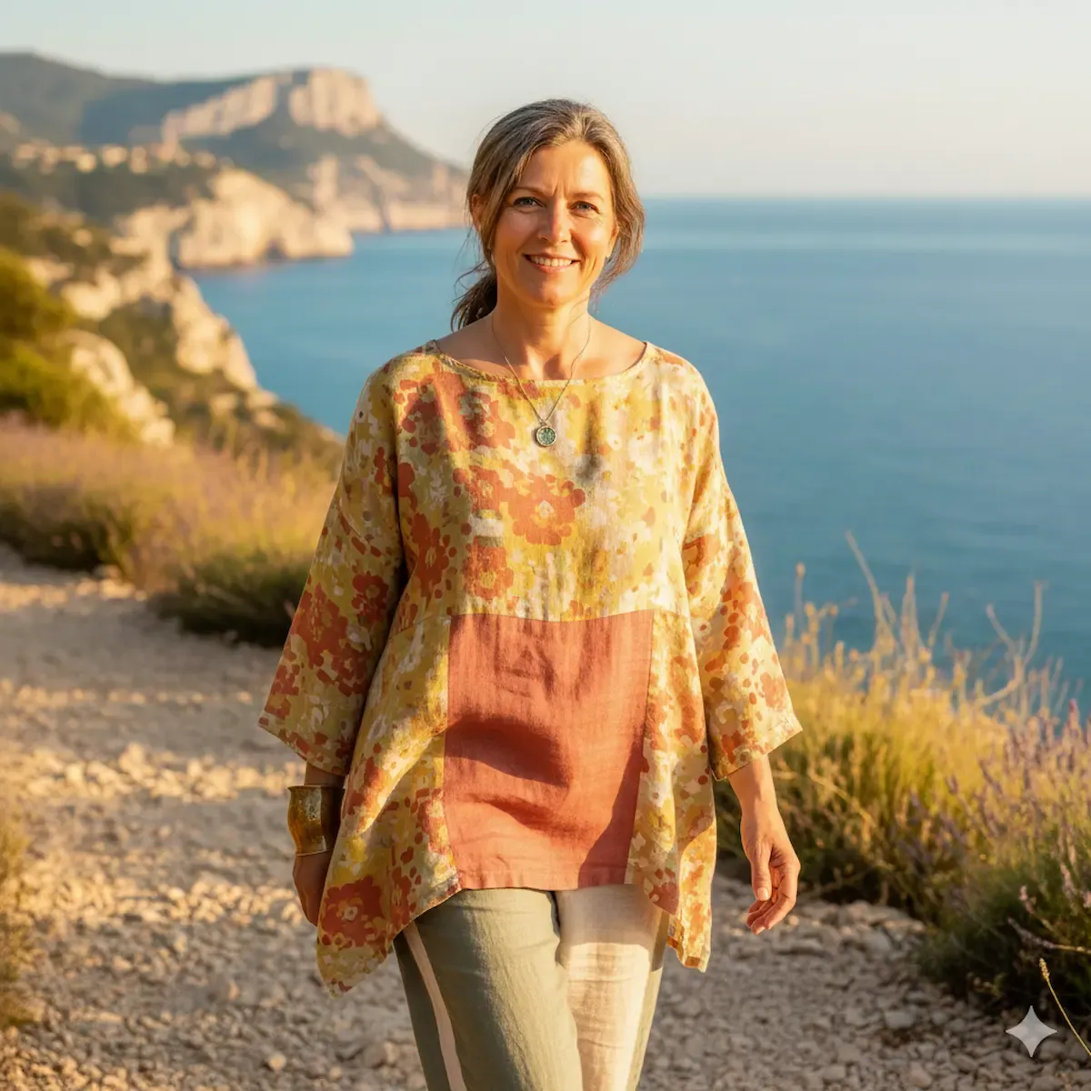 femme souriante et détendue en bord de mer