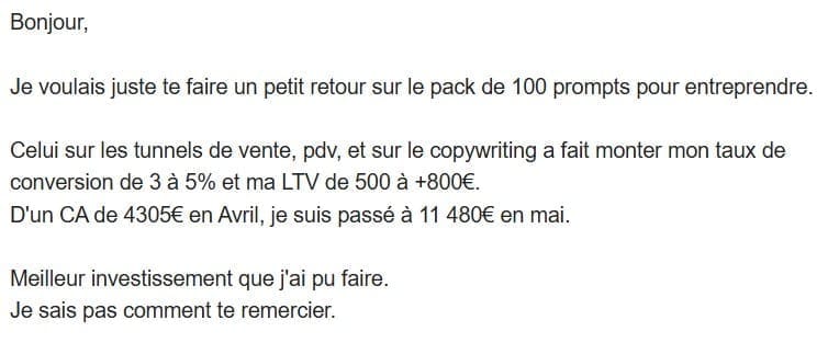 Message original sur les résultats déclarés avec les prompts de vente et de copywriting