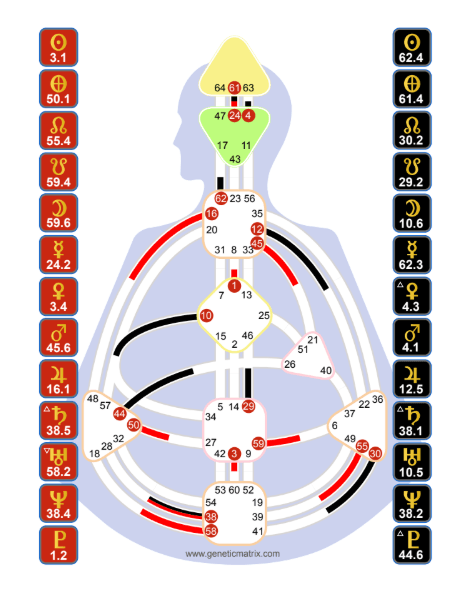 Example of a Human Design bodygraph - Screenshot from geneticmatrix.com