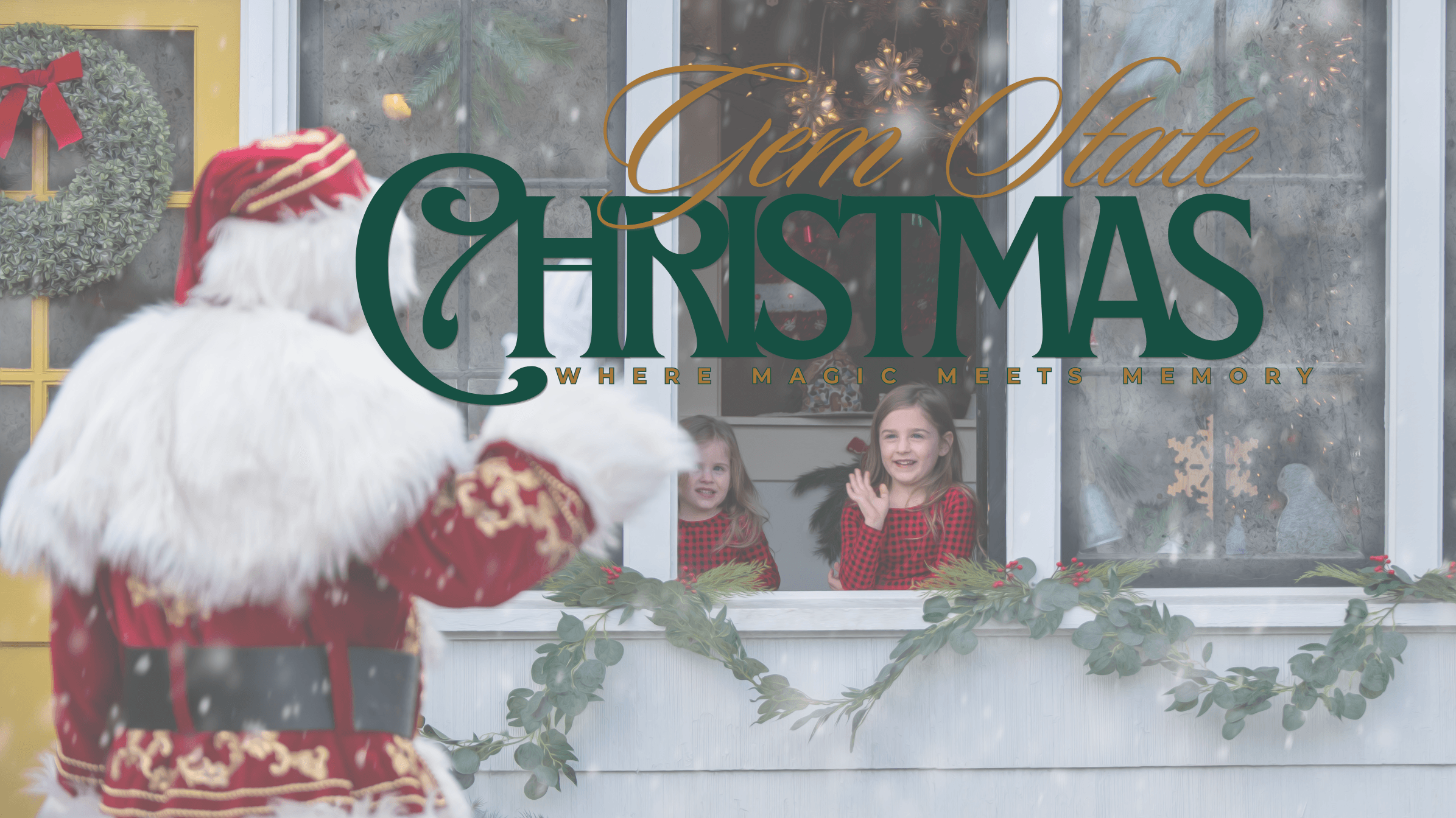 Little girls, sisters waving out the window as Santa approaches them for their magical visit to sant's workshop 