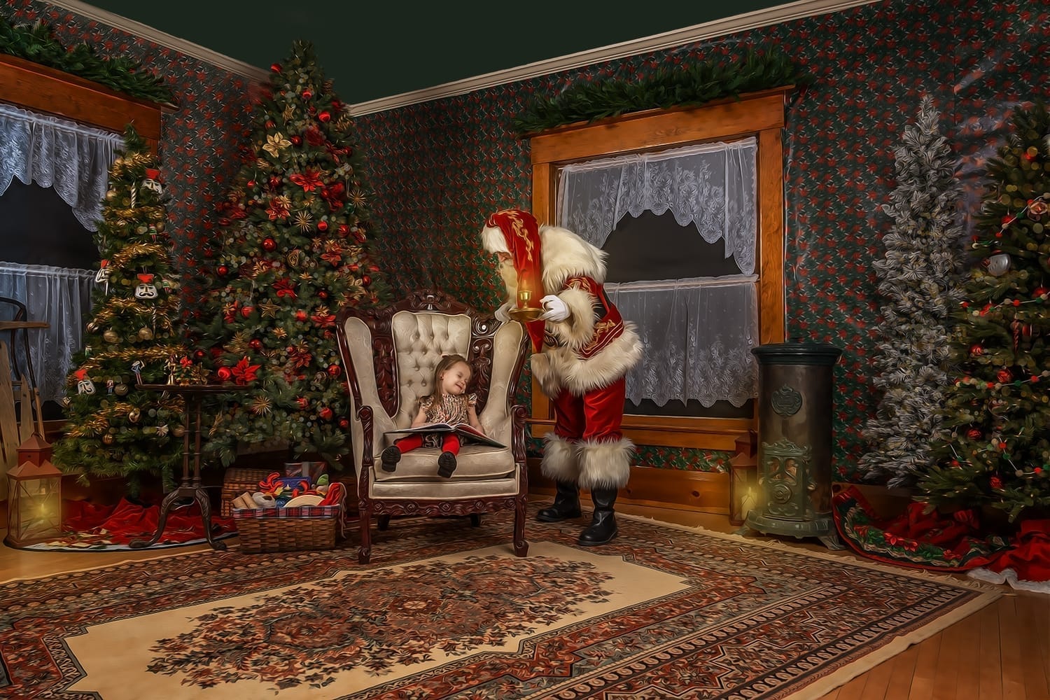 Little girl sleeping in chair with a storybook in her lap, santa stands over her with a lattern 