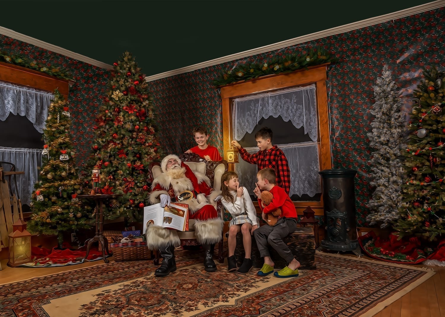 Idaho's Most Authentic Santa asleep in chair after stortime as siblings hold a lattern up to see if he's really asleep 
