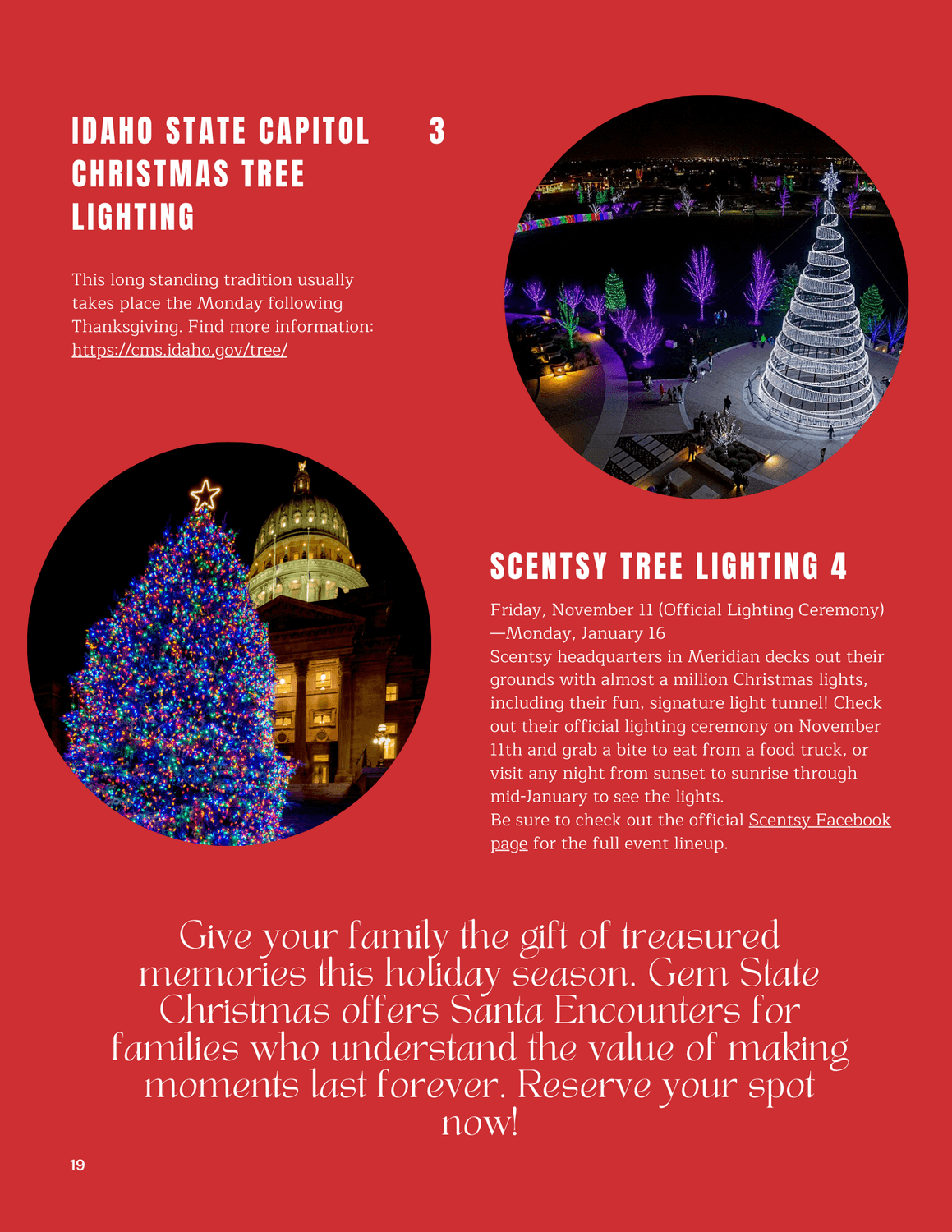 Page from our holiday guide that highlights the Idaho Captial Tree Lighting & Scentsy Lights