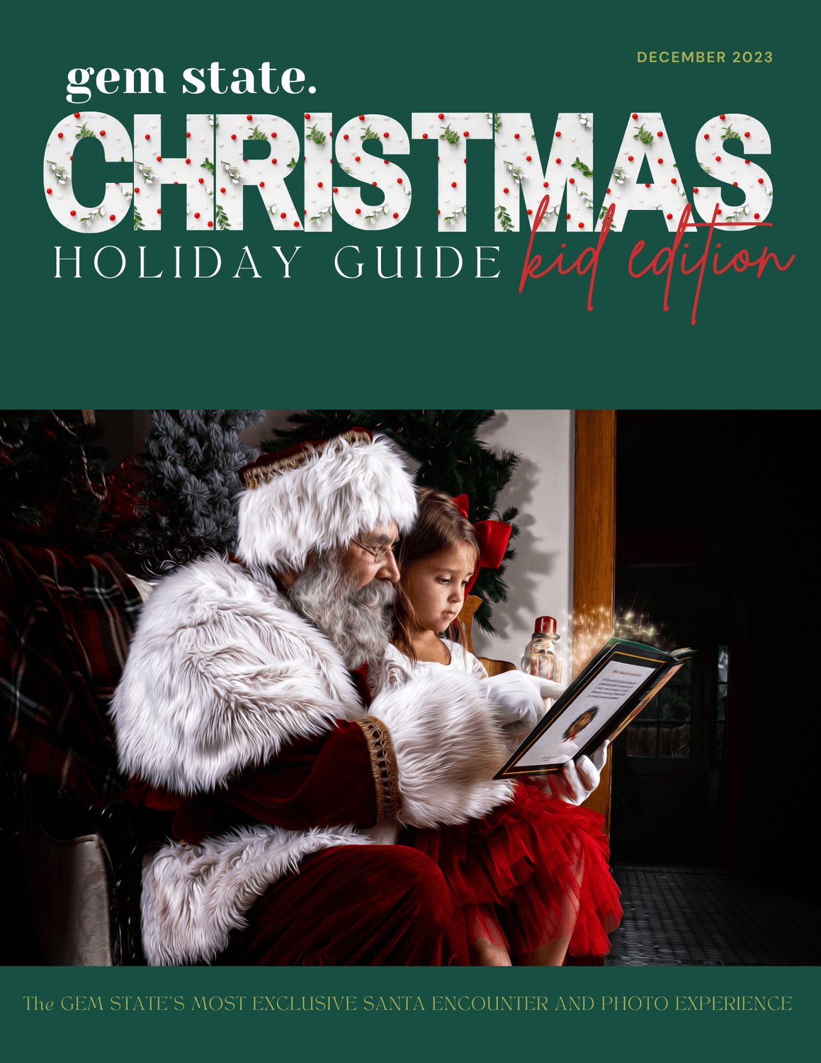 Gem State Christmas Hoilday Guide, little girl sitting on santa's lap reading a magic book