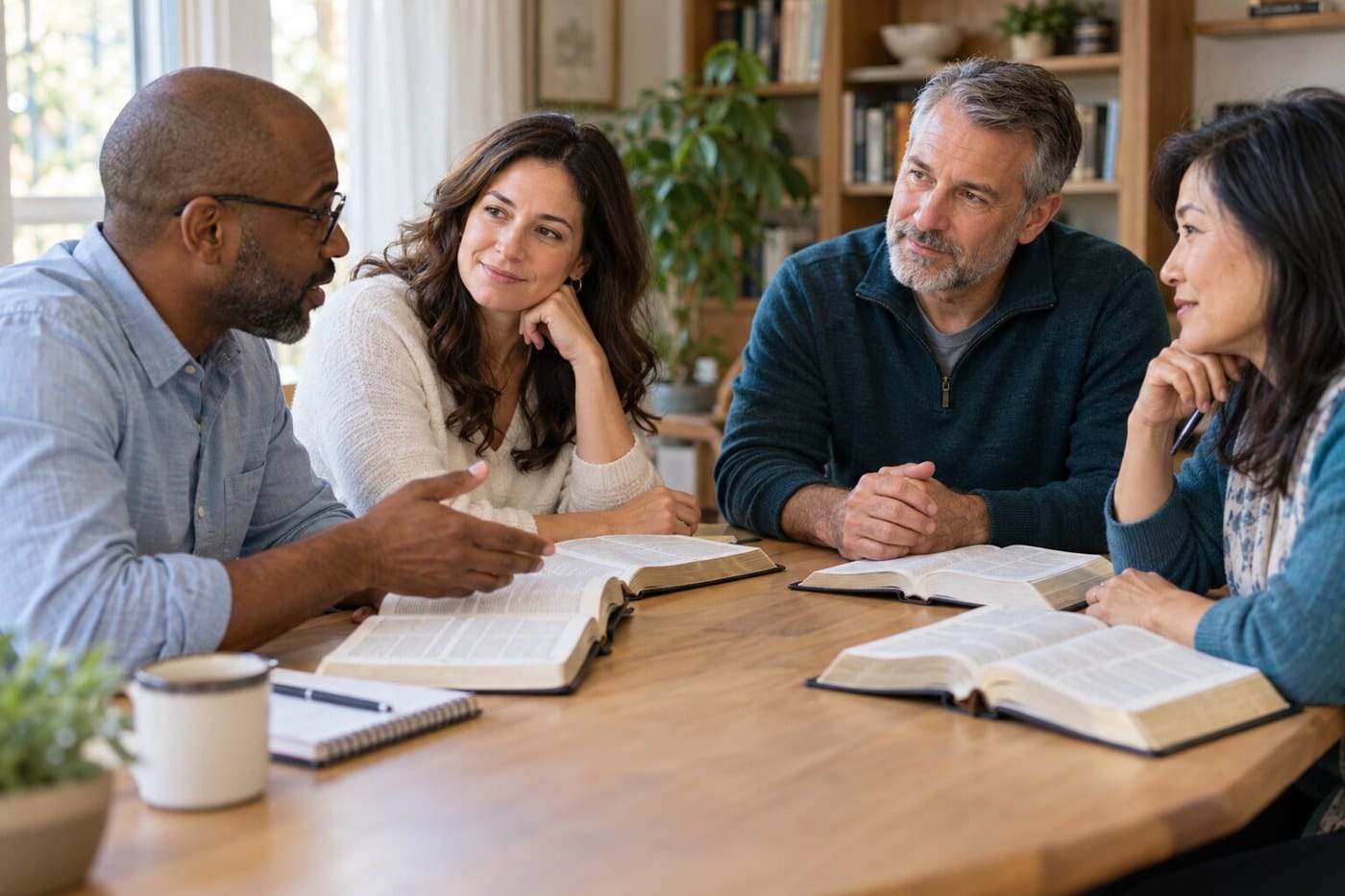 Adults studying the Bible and discussing their faith together