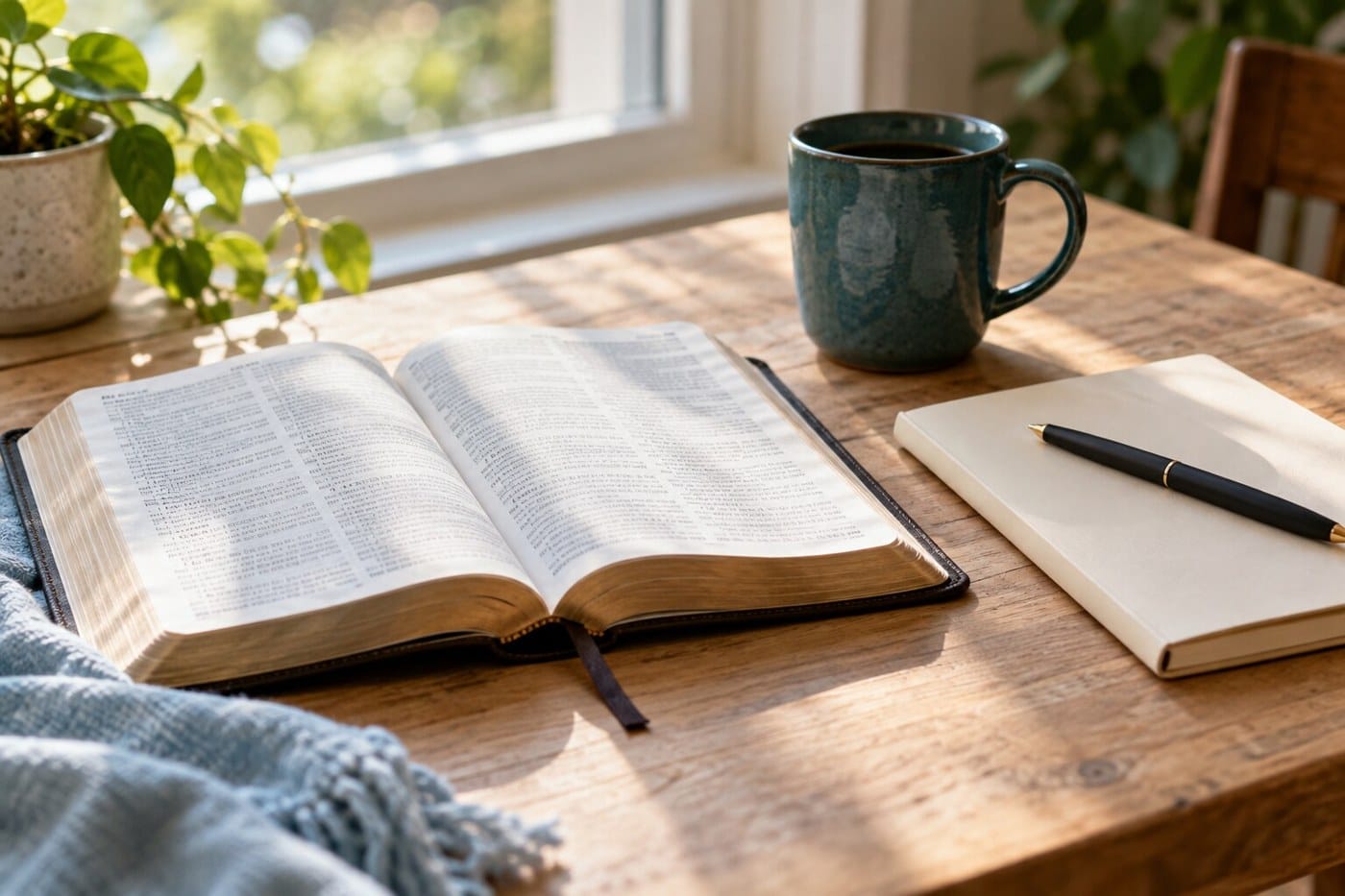 An open Bible and notebook in soft window light