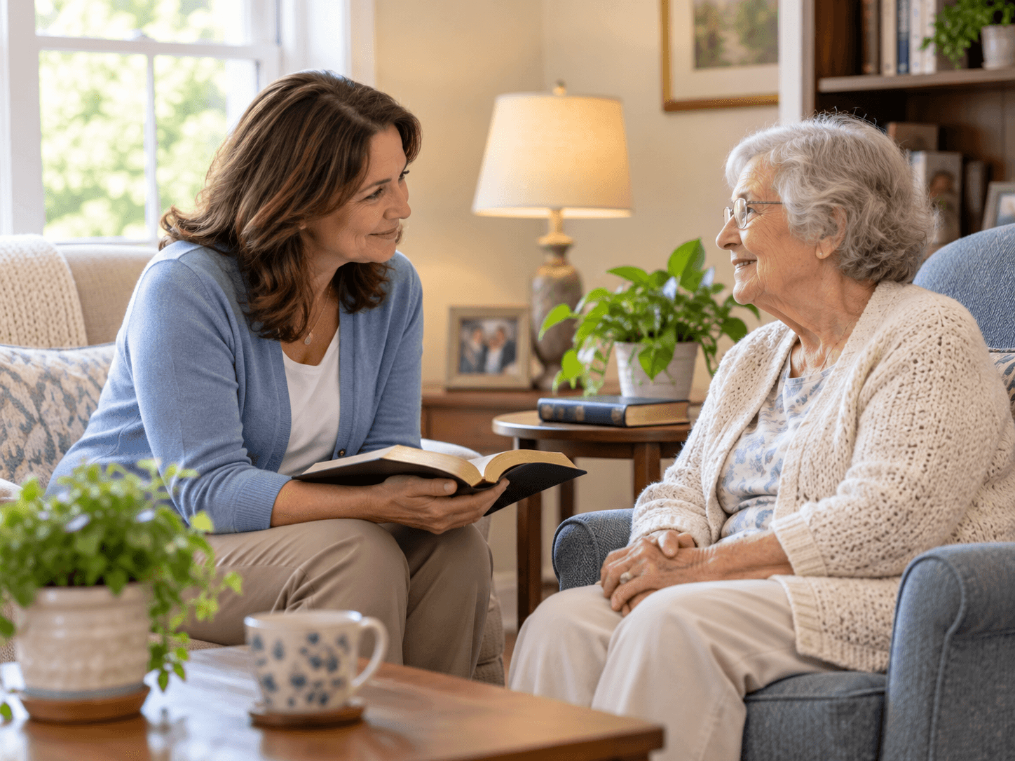 Illustrative scene of a supportive home visit and conversation with an older adult.