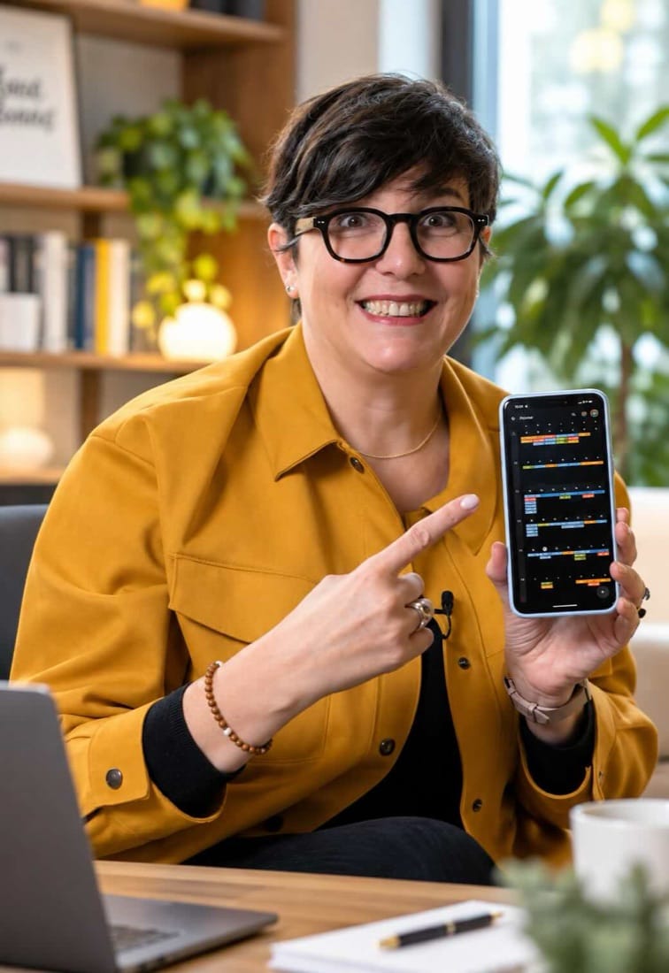 Isabelle Pailleau, souriante, montre l'écran de son téléphone
