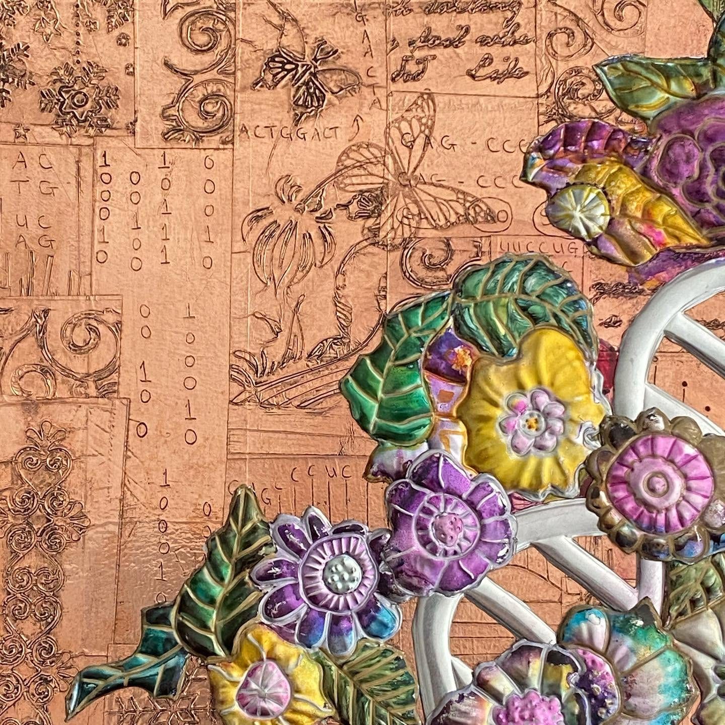 Embossed copper and metal artwork with alcohol ink by Ninette Kruger