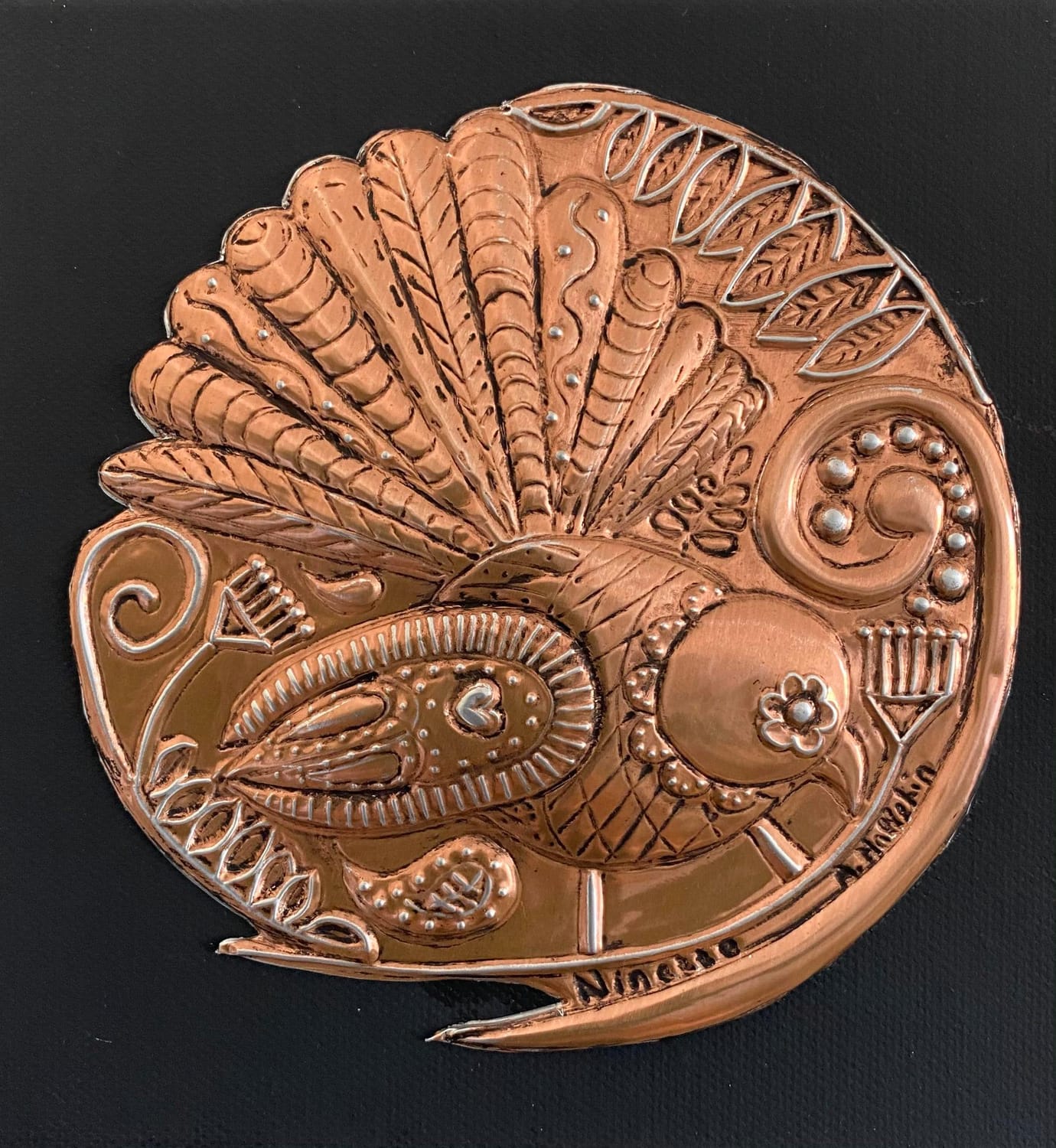 Embossed copper bird art by Ninette Kruger
