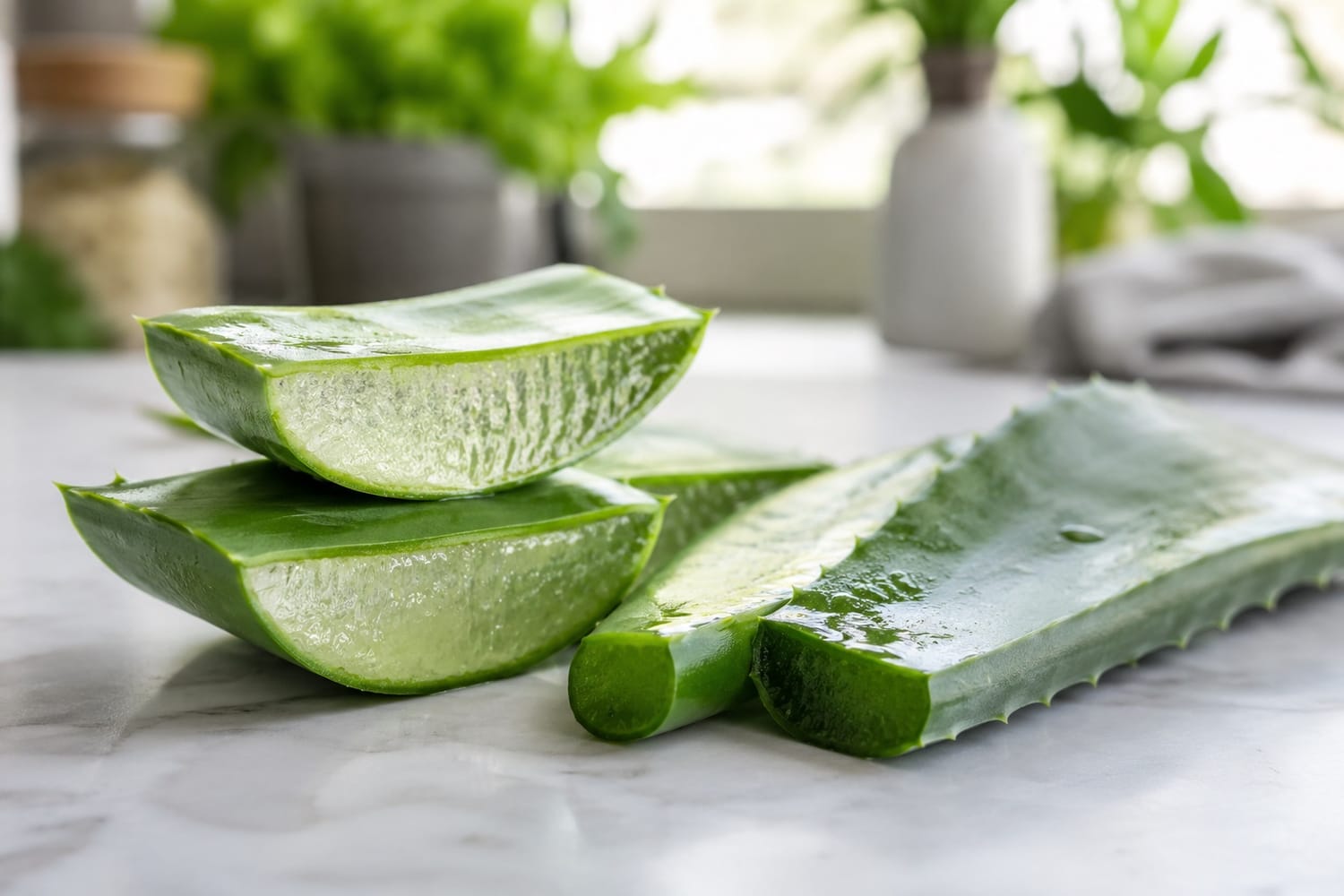 Fresh aloe vera leaves and gel for natural eye health