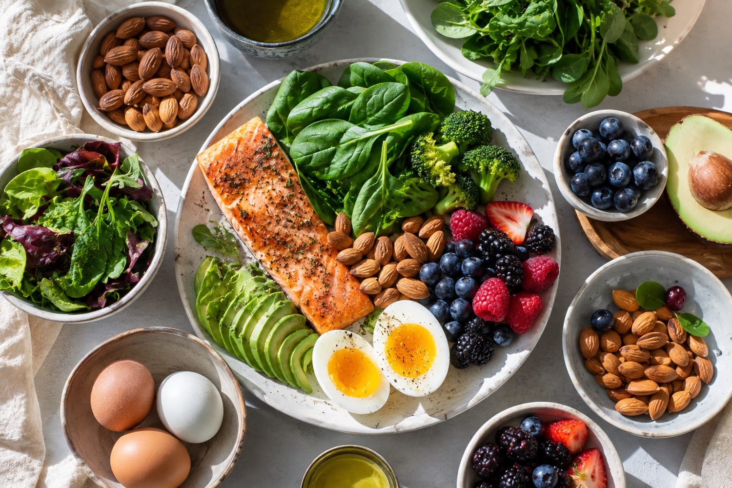 Colorful healthy foods including leafy greens berries almonds and salmon for eye health