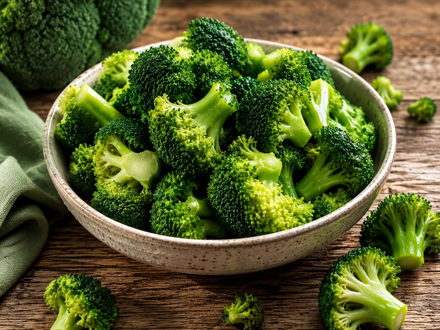 Fresh steamed broccoli florets in a ceramic bowl on a rustic wooden table