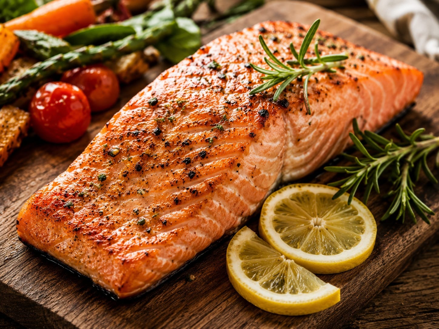 Grilled salmon fillet with lemon and rosemary on a rustic wooden table