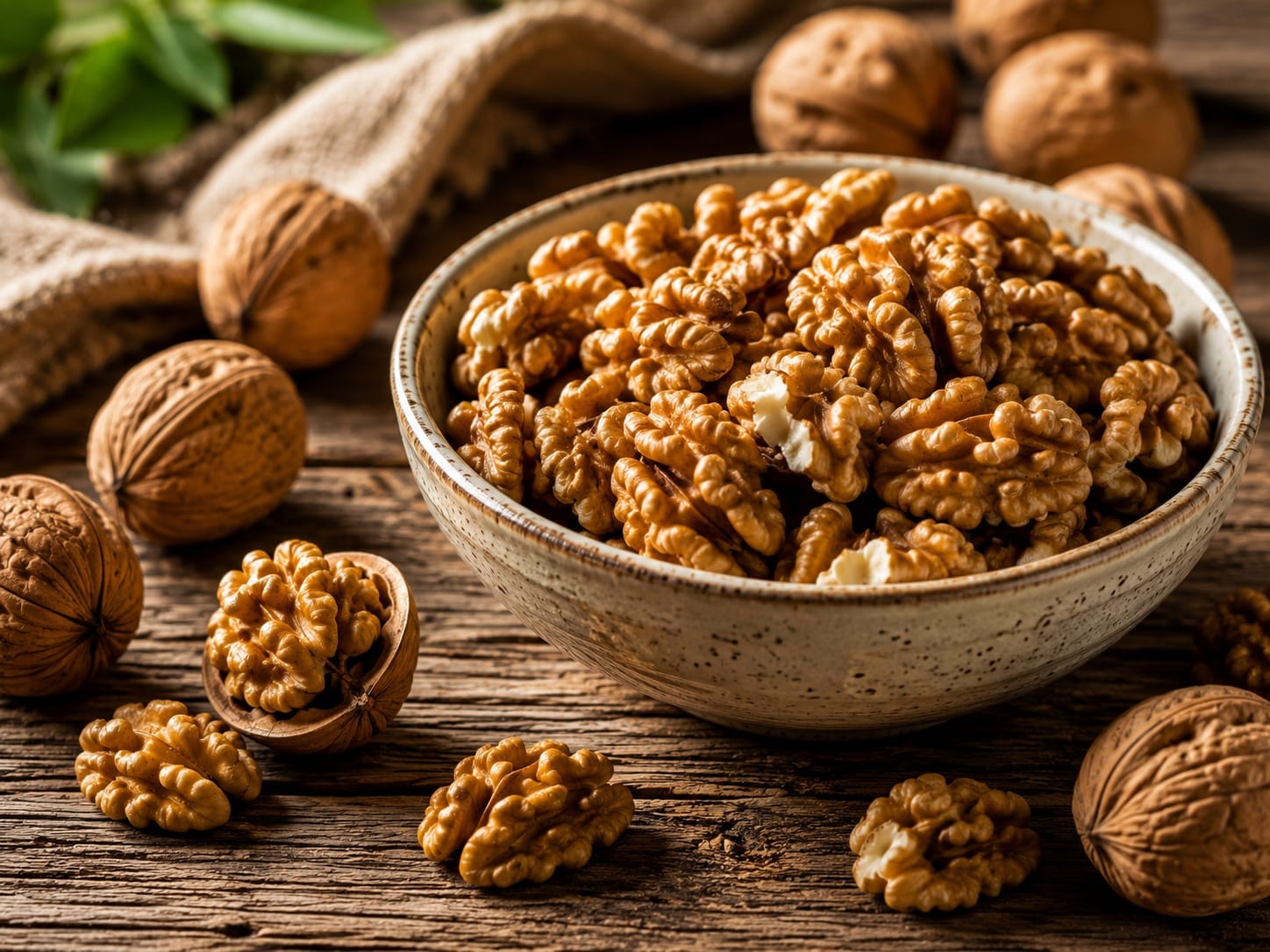 Fresh walnuts and walnut halves in a ceramic bowl on a rustic wooden table