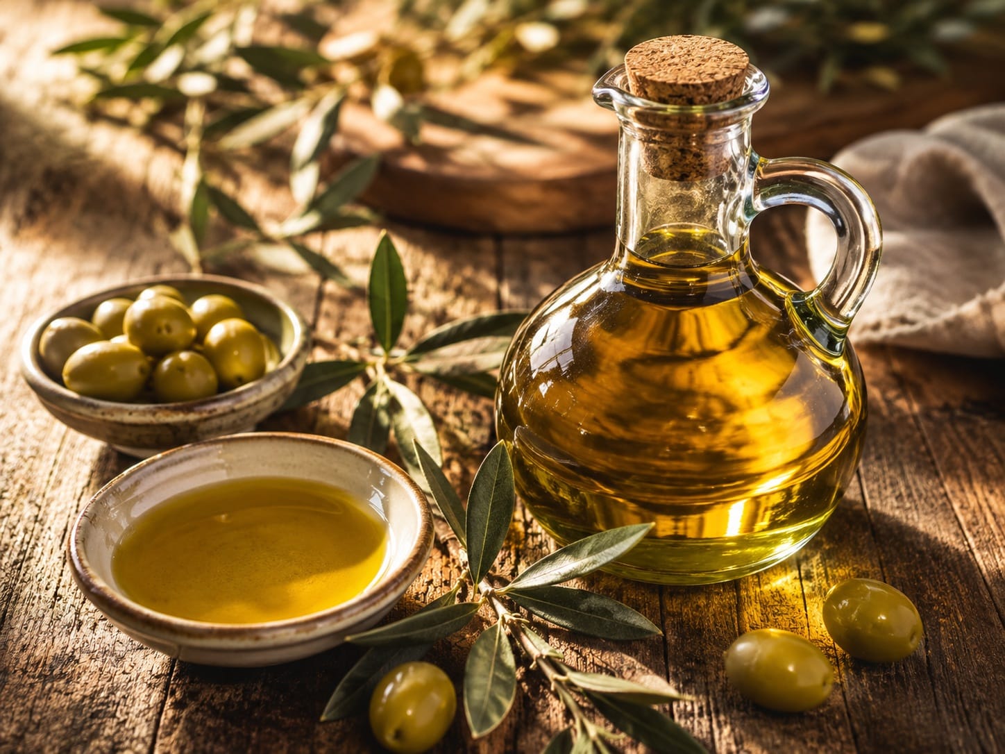 Extra-virgin olive oil with green olives and olive branches on a rustic wooden table