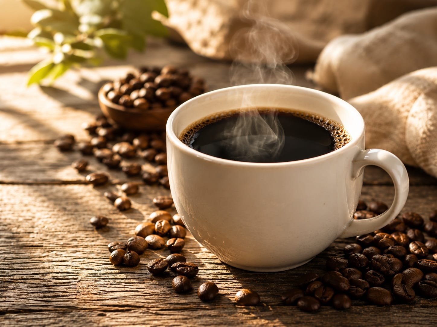 Freshly brewed black coffee with roasted coffee beans on a rustic wooden table