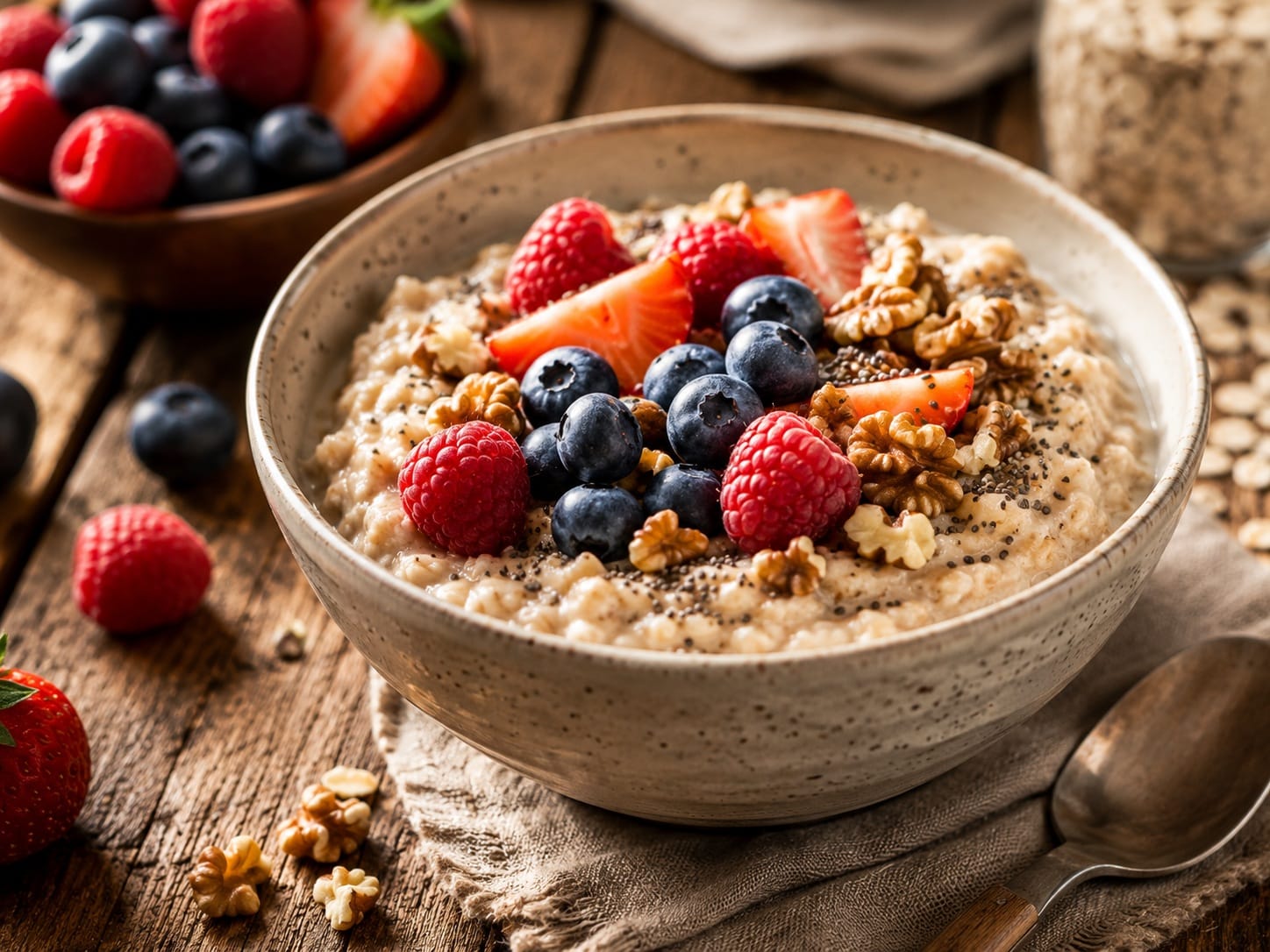 Fiber-rich oatmeal breakfast bowl with berries, chia seeds, and walnuts