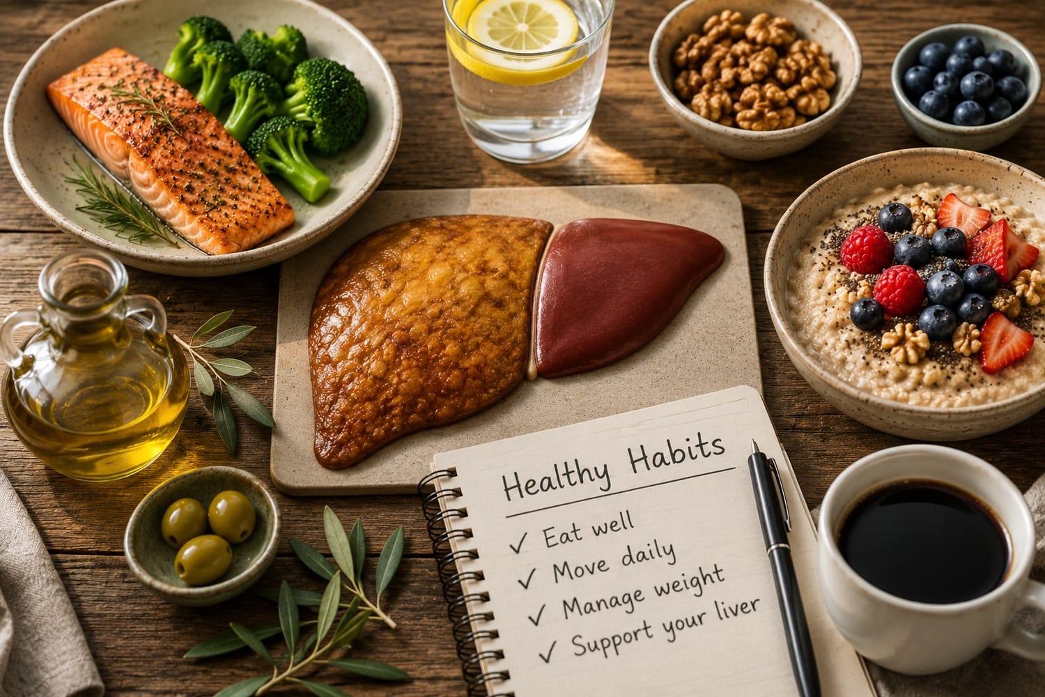 Editorial illustration showing fatty liver and healthy liver alongside nutritious foods and healthy lifestyle habits