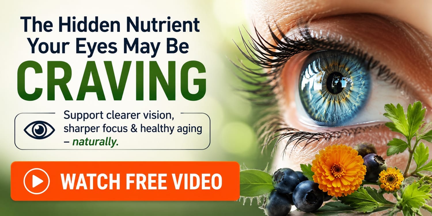 Close-up blue eye with natural ingredients and message about supporting clearer vision and healthy aging naturally.