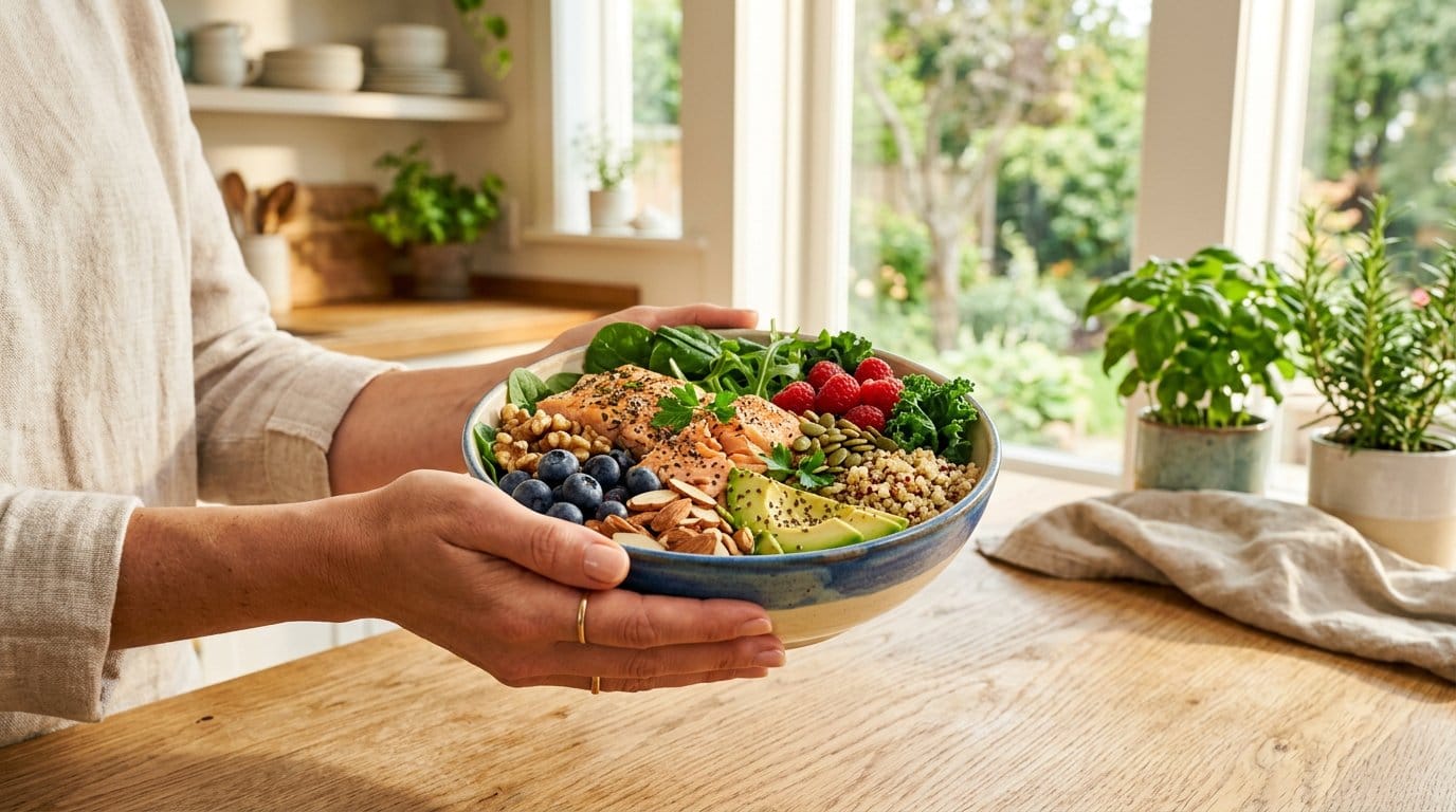 A brain-healthy meal: salmon, greens, berries, and nuts working together for cognitive wellness