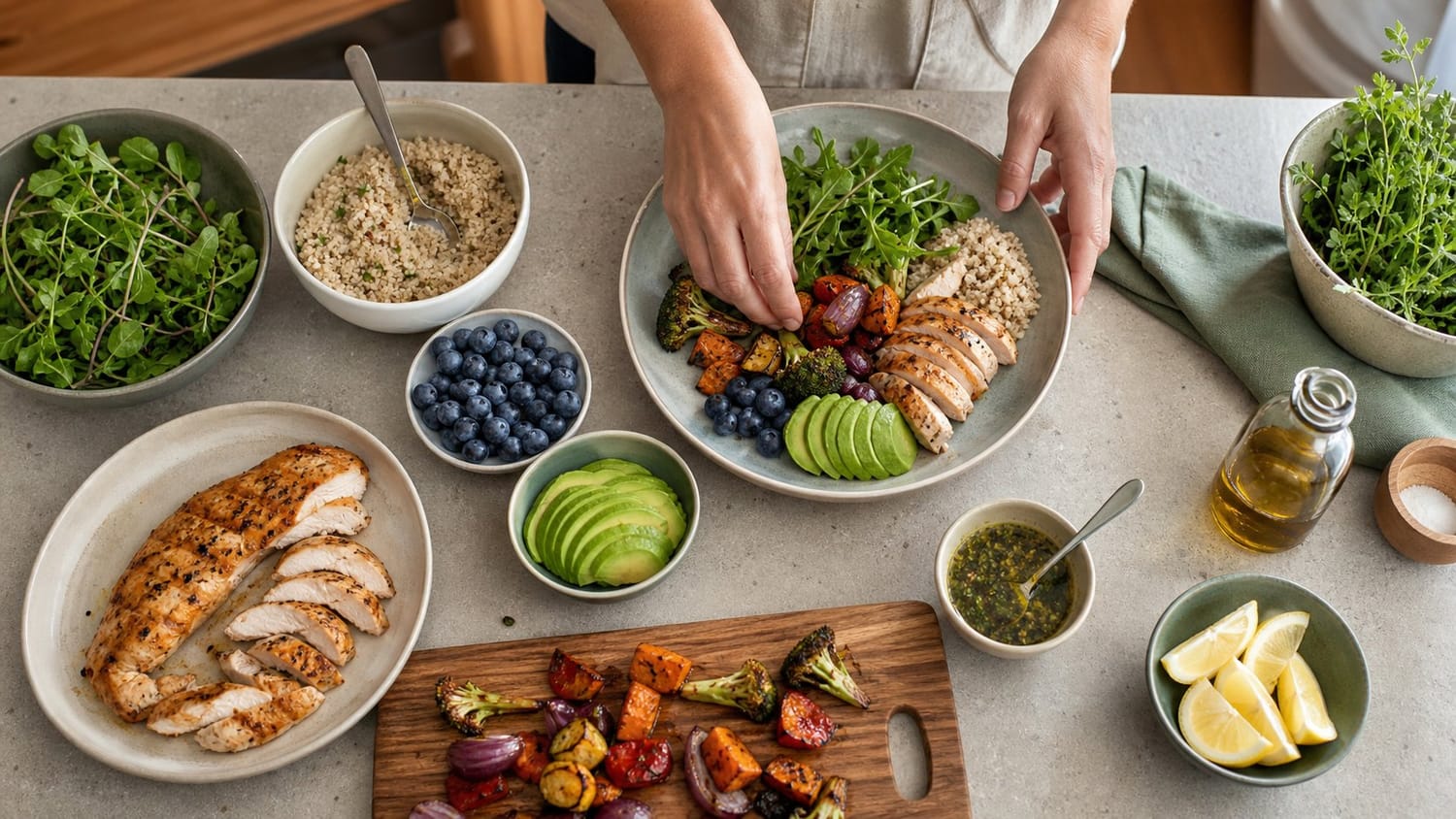 Overhead view of a colorful balanced lunch being prepared on a kitchen counter, grilled chicken, roasted vegetables, leafy greens, avocado, quinoa and berries arranged in separate bowls, a person's hands adding vegetables to a plate, realistic home kitchen environment, natural daylight, fresh wholesome ingredients