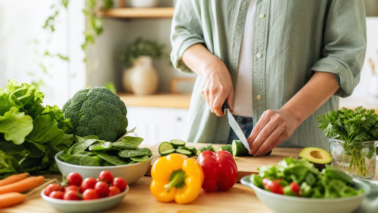 Colorful assortment of fresh vegetables being prepared in a bright home kitchen, broccoli, bell peppers, tomatoes, spinach, carrots and leafy greens arranged naturally on a wooden cutting board
