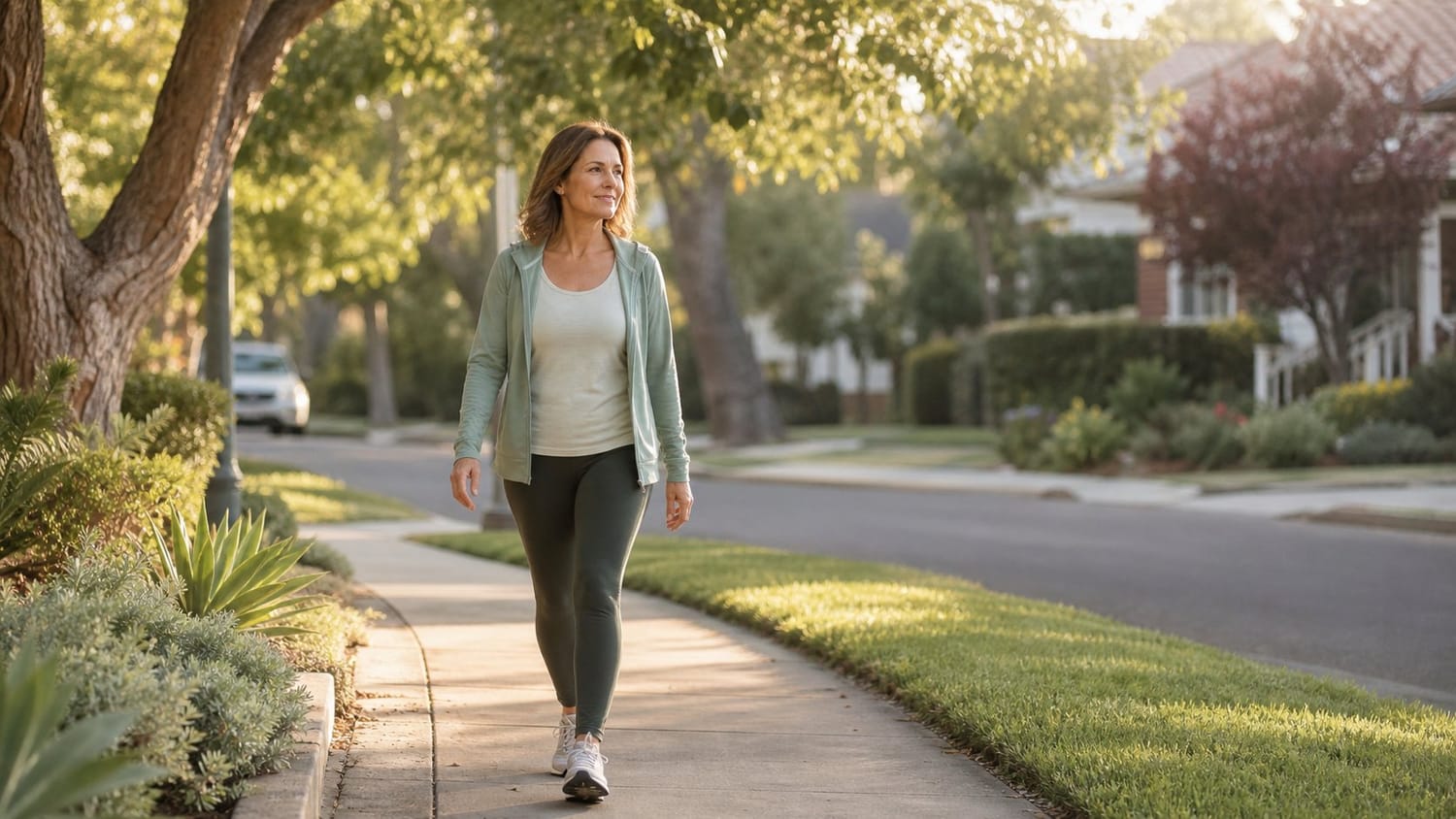 A middle-aged woman taking a relaxed walk through a quiet neighborhood in the early morning, comfortable casual workout clothes and walking shoes, trees and residential homes in the background