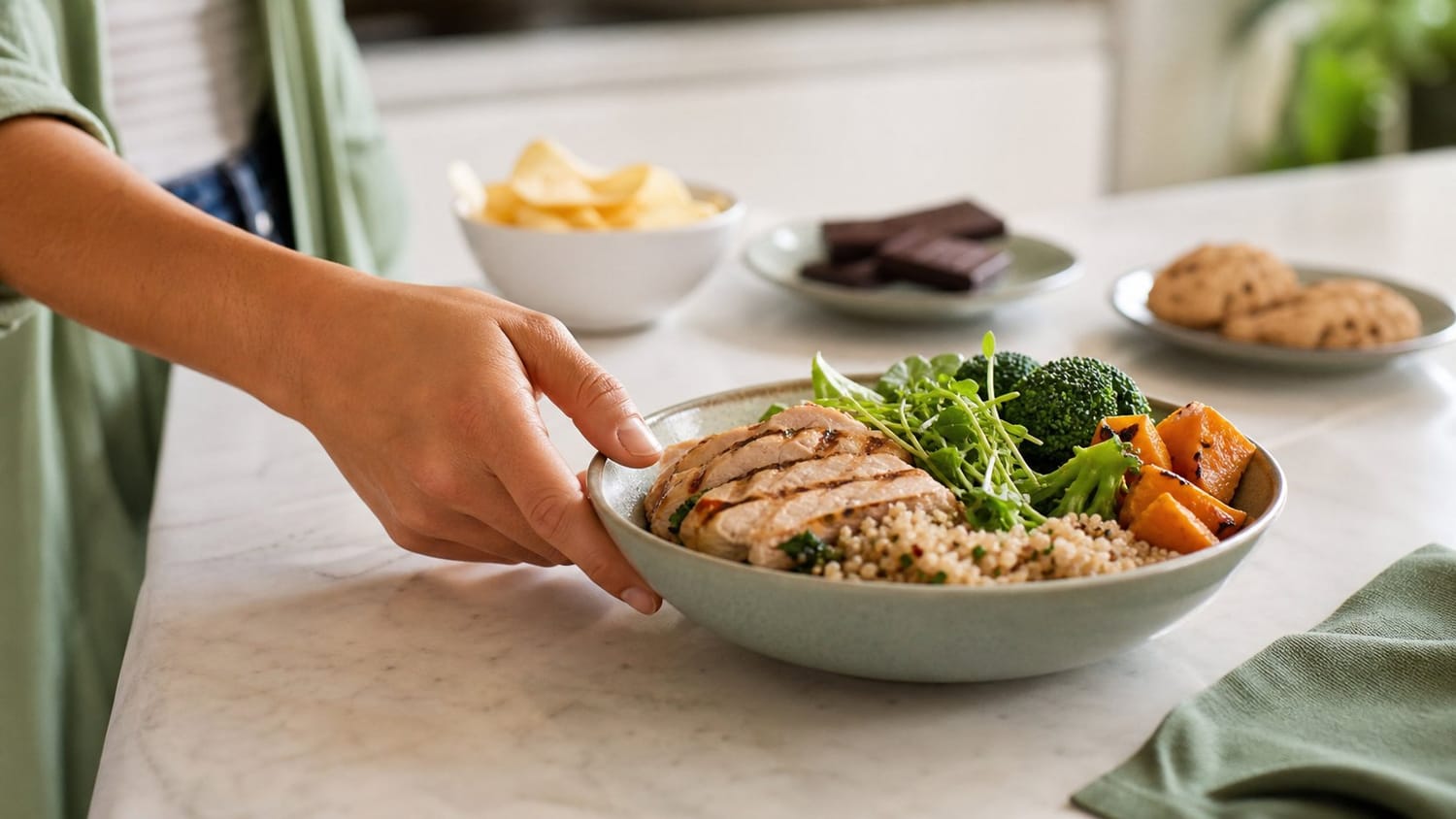  healthy meal from a kitchen counter, with a balanced bowl containing vegetables, grilled chicken and whole grains