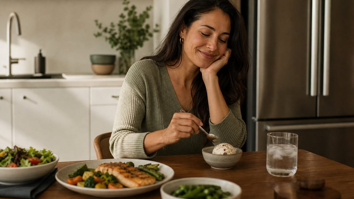 woman sitting casually at her kitchen table enjoying a small bowl of ice cream after a healthy balanced dinner, vegetables and a protein-rich meal visible on the table
