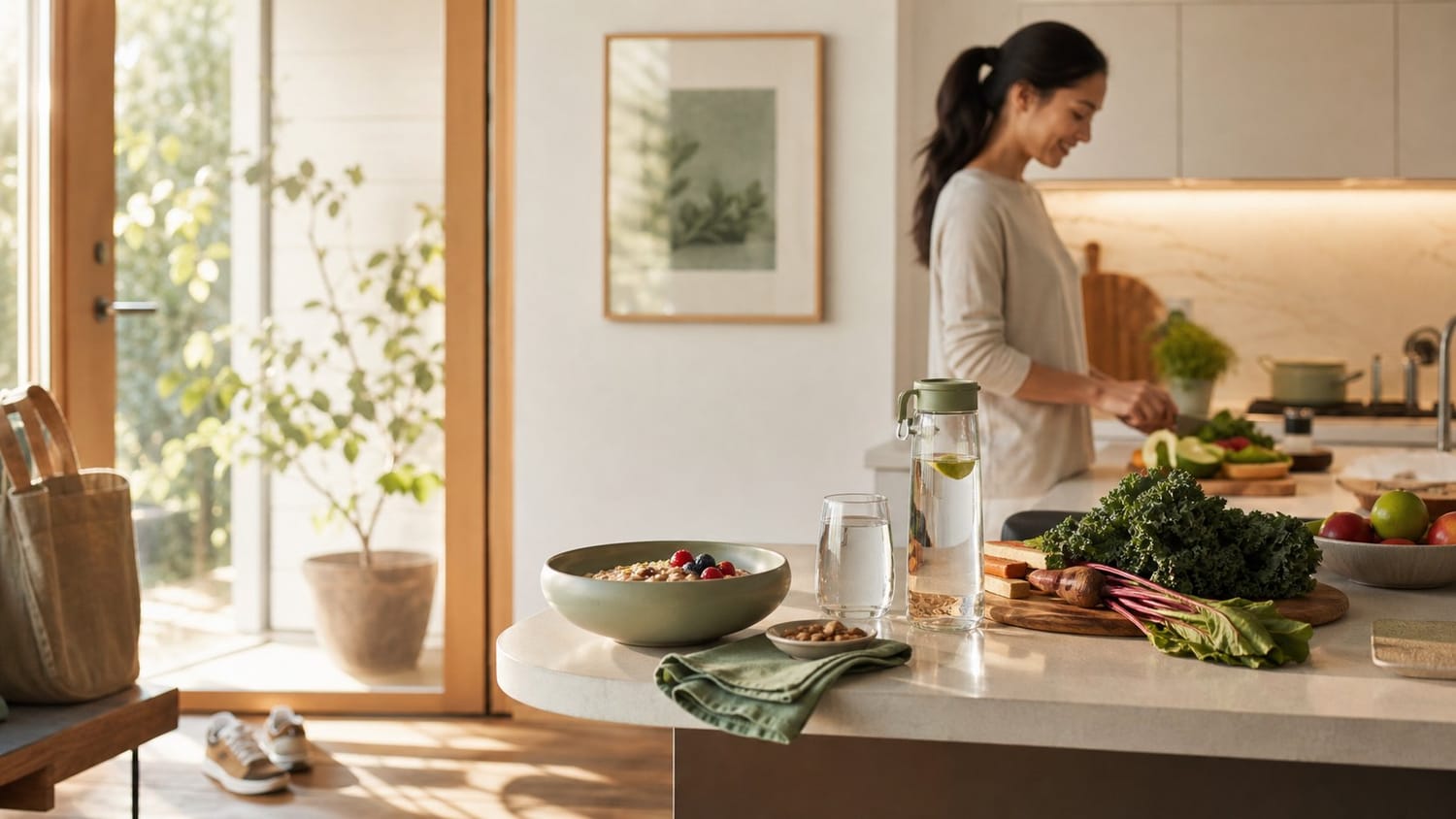 A lifestyle scene showing walking shoes by the door, a healthy breakfast, water bottle and fresh vegetables in a sunlit home