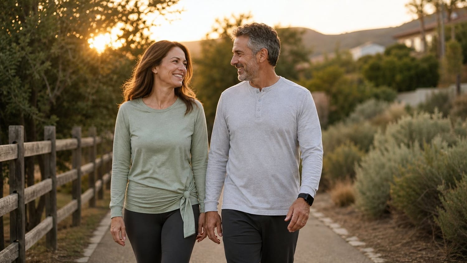 A middle-aged couple taking a relaxed walk together outdoors at sunset, casual comfortable clothing, natural smiles and genuine interaction, peaceful neighborhood path surrounded by trees, warm golden sunlight