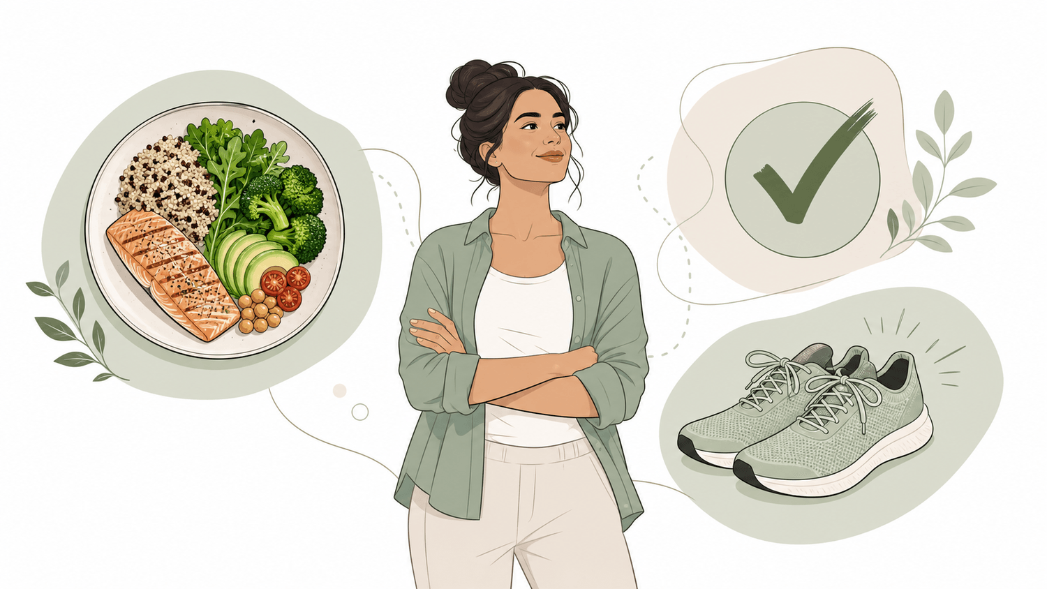 Editorial illustration of a confident person surrounded by a balanced plate of food, walking shoes and a checkmark representing the three simple habits