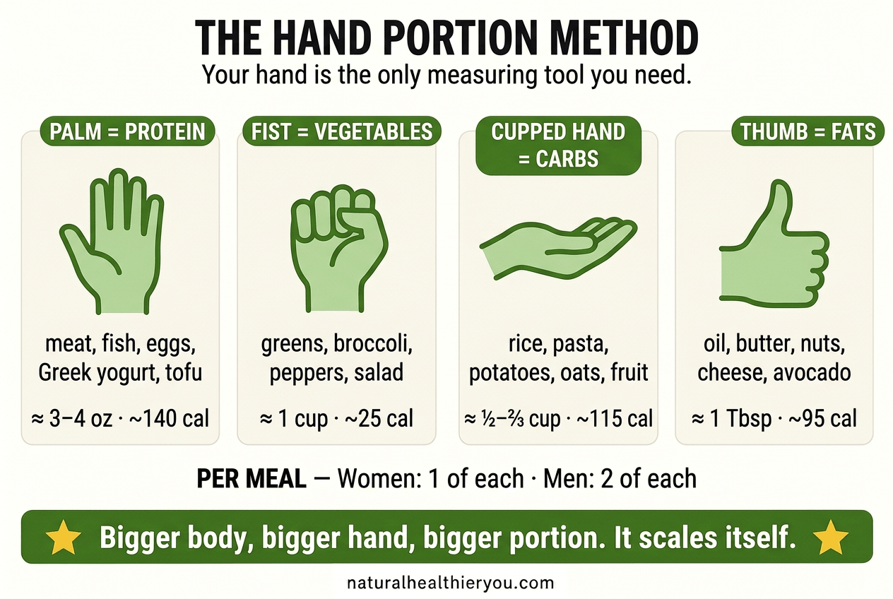 Infographic: the hand portion method — palm, fist, cupped hand, thumb