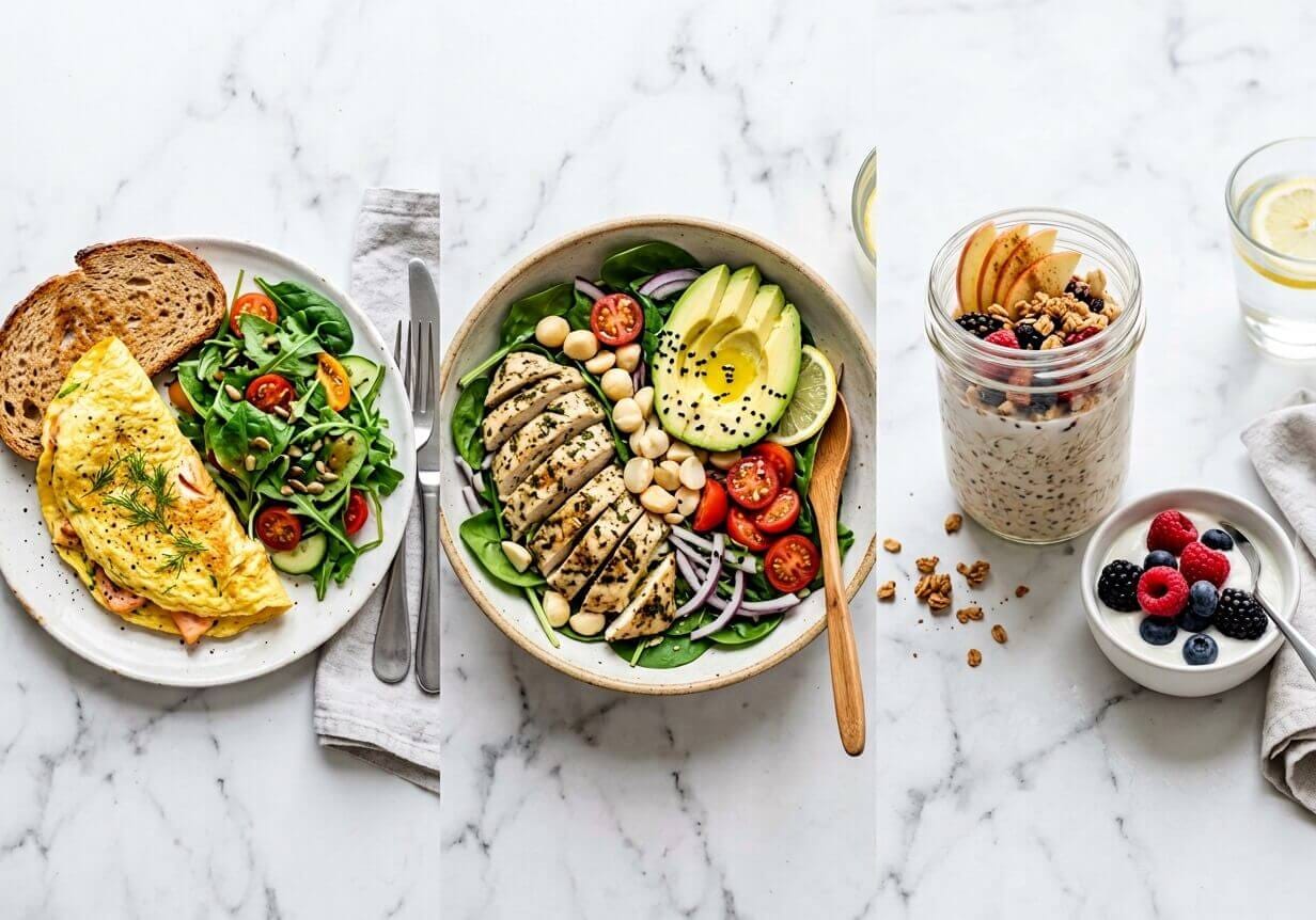 Three meals from week one: the salmon omelet, the spinach-avocado-chicken salad, and the apple-cinnamon overnight oats.