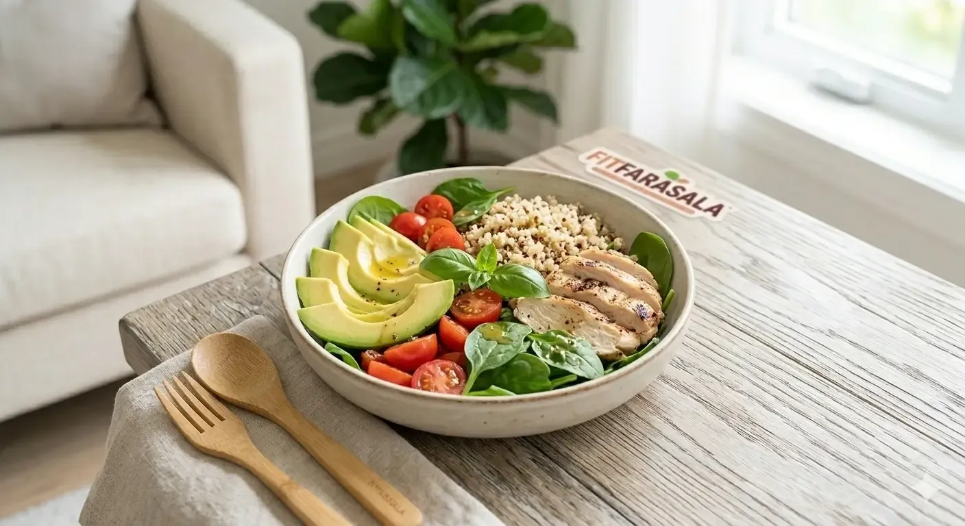 fotografie vibrantă, colorată și apetisantă cu o mâncare sănătoasă de tip mediteranean (pui la grătar, quinoa, avocado)