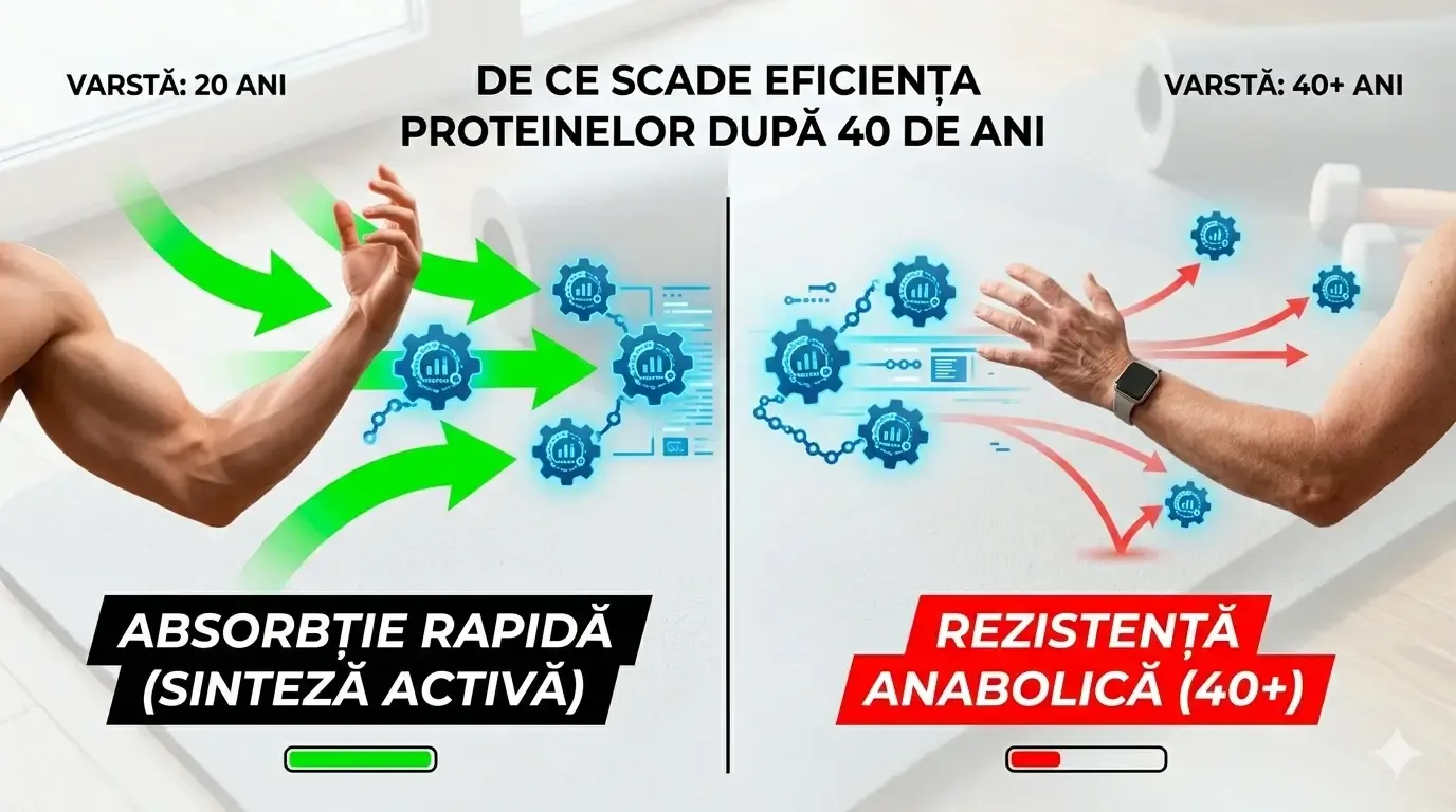 un infografic care arata cum se absorbeau proteinele la 20 de ani comparativ cu varsta de 40 plus